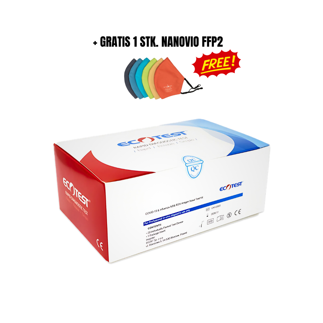 ECOTEST – 20Stk. Pen COMBO 4in1 Schnelltest | COVID-19 | Influenza A+B | RSV | 1 Abstrich, 4 Ergebnisse + Gratis Nanovio