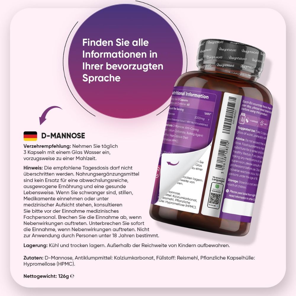 WeightWorld | D-Mannose zur Unterstützung gegen Harnwegsinfektionen - 180 Kapseln
