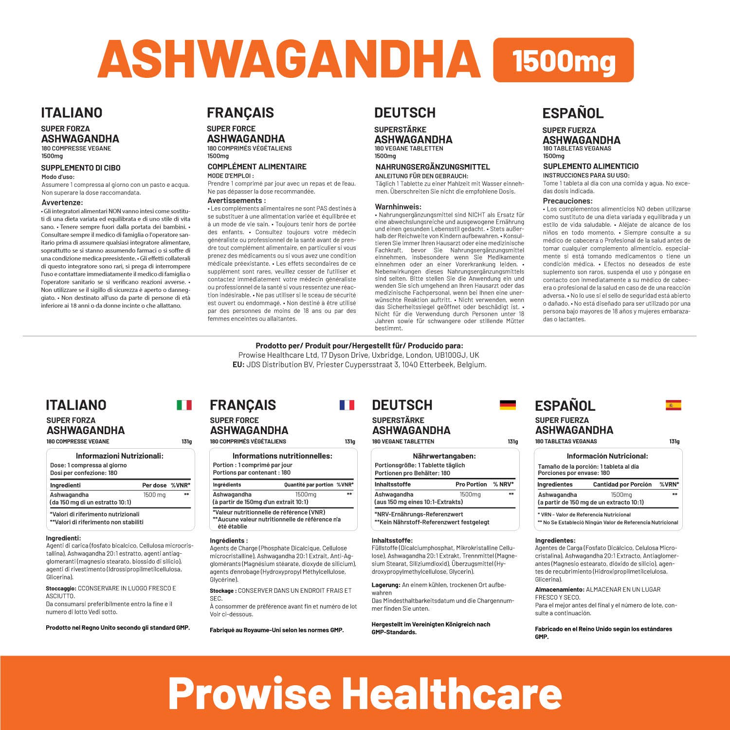 Prowise Healthcare | Ashwagandha 1500 mg - 180 vegane Tabletten