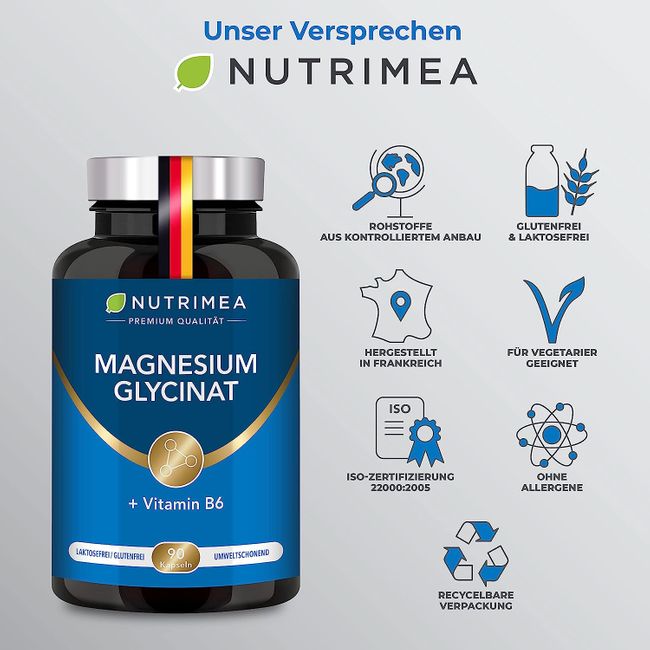 Nutrimea Magnesium Glycinat + Vitamin B6 | Optimale Bioverfügbarkeit | 1,5 Monatsvorrat