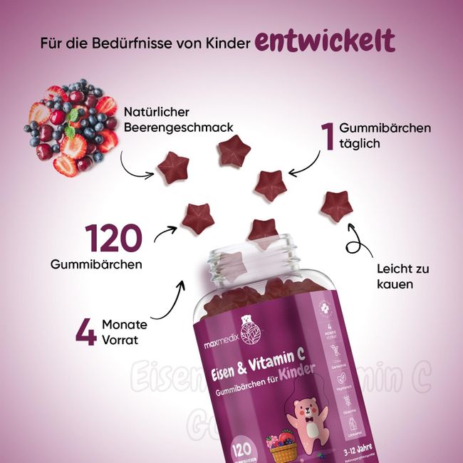 maxmedix | Eisen & Vitamin C Gummibärchen für Kinder - 120 Stück