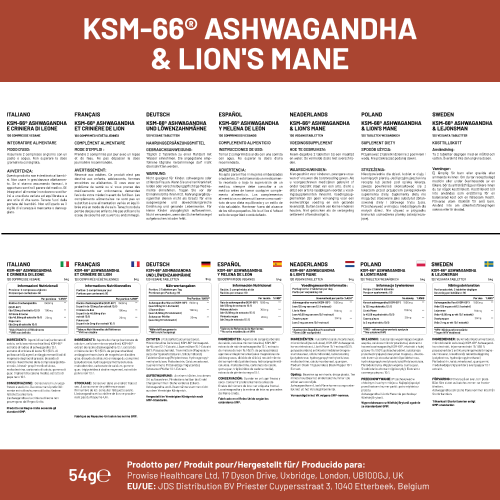 Prowise Healthcare | KSM-66 Ashwagandha- und Löwenmähne-Pilzextrakt - 120 vegane Tabletten