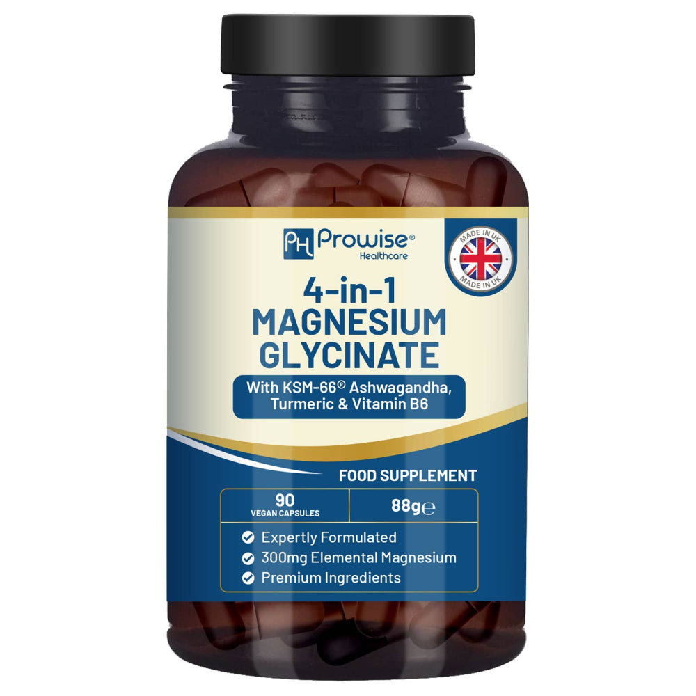 Prowise Healthcare | 4-IN-1 Magnesiumglycinat mit Ashwagandha, Kurkuma & Vitamin B6 - 90 vegane Kapseln