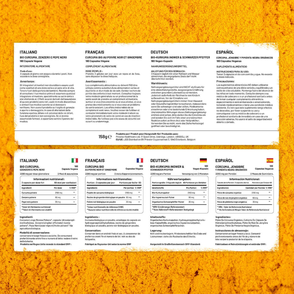 Prowise Healthcare | Bio-Kurkuma 2280 mg mit schwarzem Pfeffer und Ingwer - 180 Kapseln