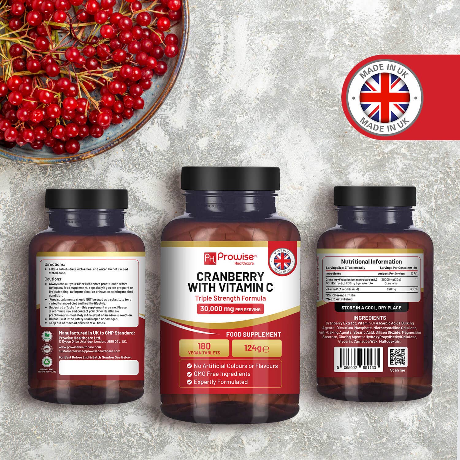 Prowise Healthcare | Cranberry mit Vitamin C 30.000 mg - 180 Tabletten