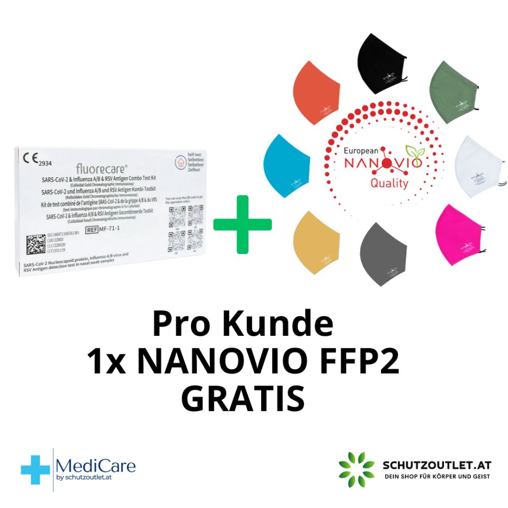 fluorecare® 4in1 SARS-CoV-2, Influenza A/B & RSV Combo-Schnelltest + Gratis Nanovio FFP2 Maske