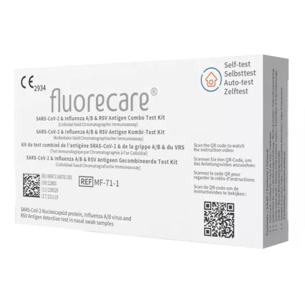 fluorecare® 4in1 SARS-CoV-2, Influenza A/B & RSV Combo-Schnelltest + Gratis Nanovio FFP2 Maske