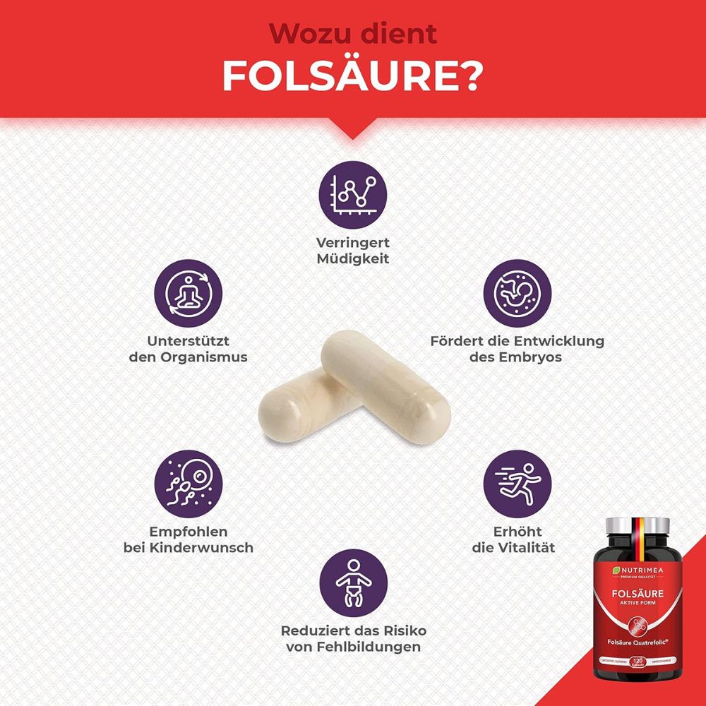 Nutrimea | Folsäure (Vitamin B9) mit Quatrefolic® – 400 µg – 120 Kapseln