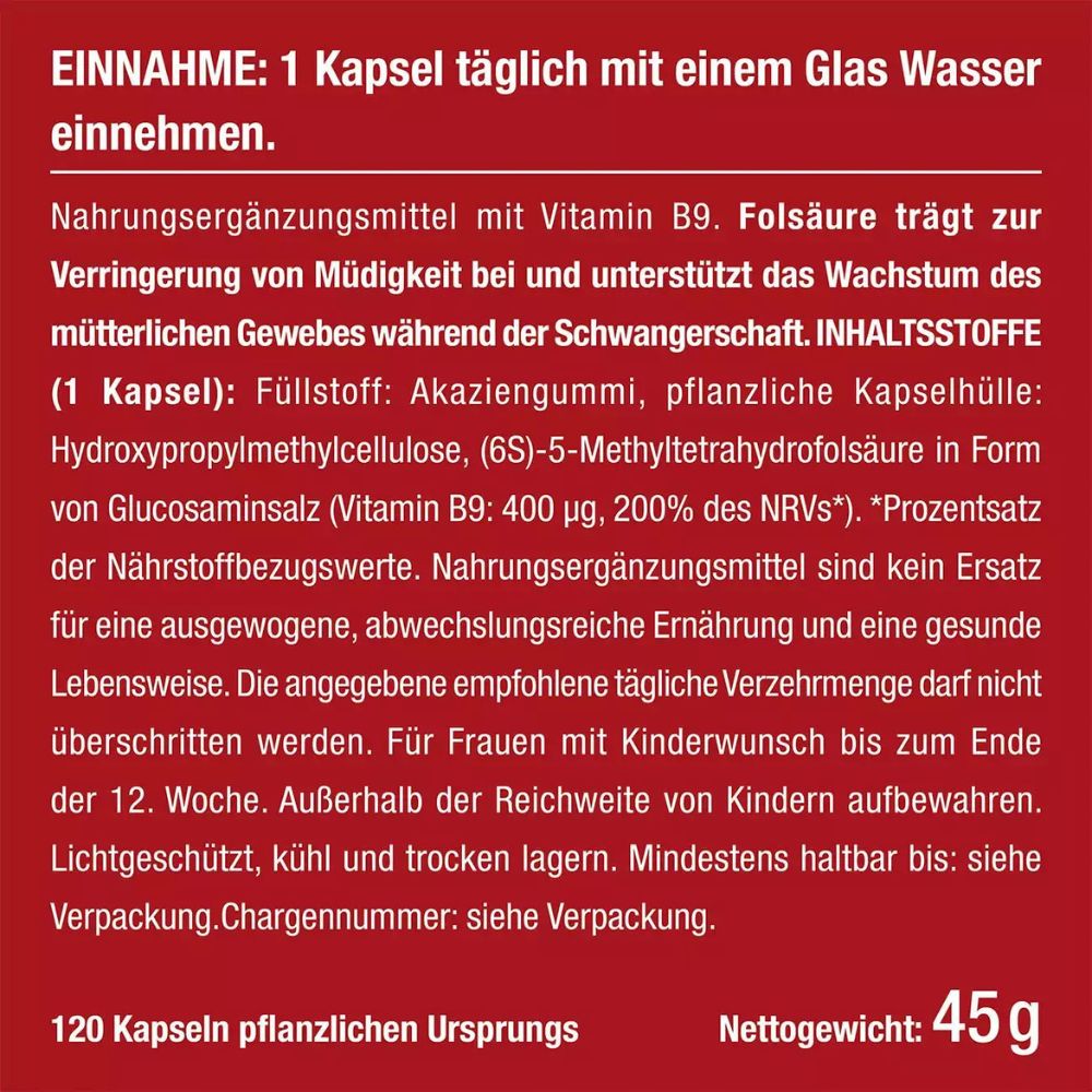 Nutrimea | Folsäure (Vitamin B9) mit Quatrefolic® – 400 µg – 120 Kapseln