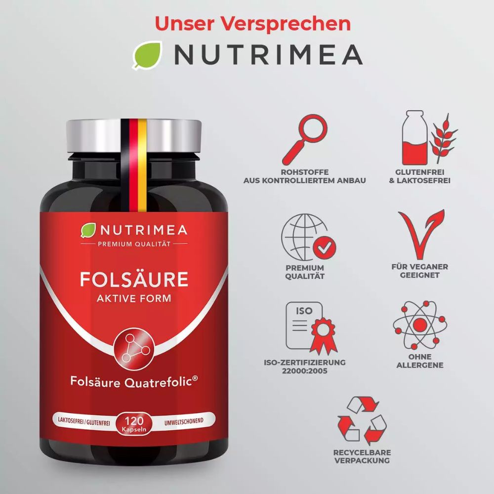 Nutrimea | Folsäure (Vitamin B9) mit Quatrefolic® – 400 µg – 120 Kapseln