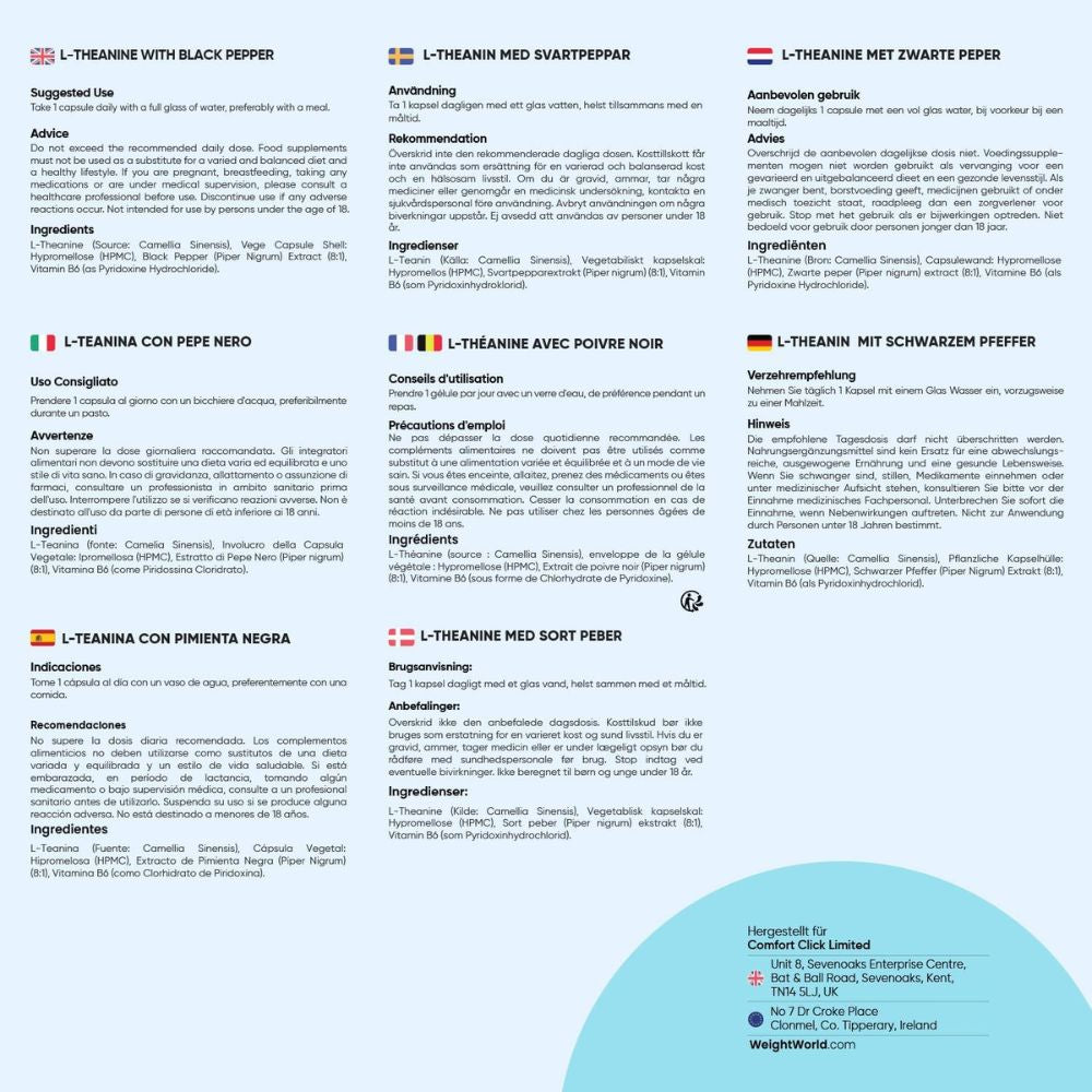 WeightWorld | L-Theanin Kapseln mit schwarzem Pfeffer und Vitamin B6 - 180 Kapseln