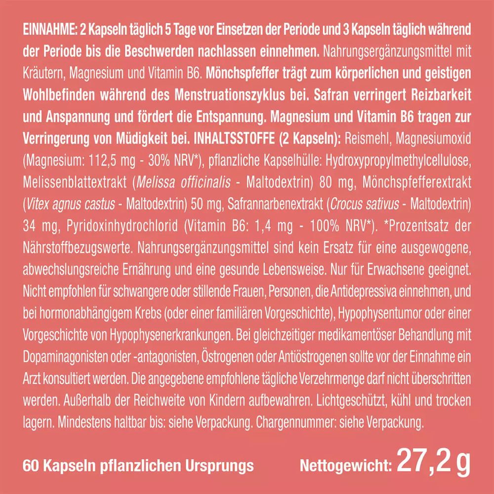 Nutrimea | PMS Zyklusharmonie mit Mönchspfeffer & Vitamin B6 – 60 Kapseln