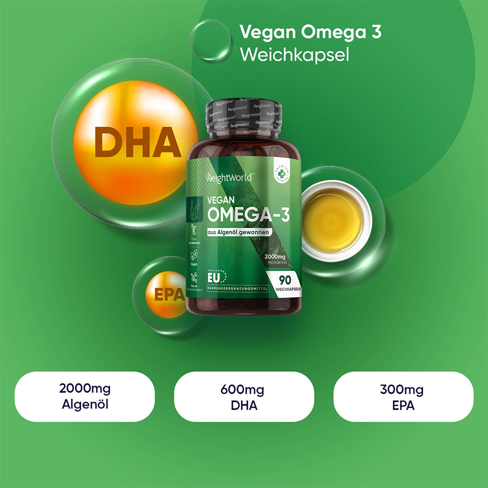 WeightWorld | Vegane Omega-3 - 1000 mg für Herz, Gehirn und Augen - 90 Weichkapseln