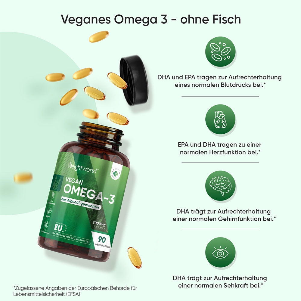 WeightWorld | Vegane Omega-3 - 1000 mg für Herz, Gehirn und Augen - 90 Weichkapseln