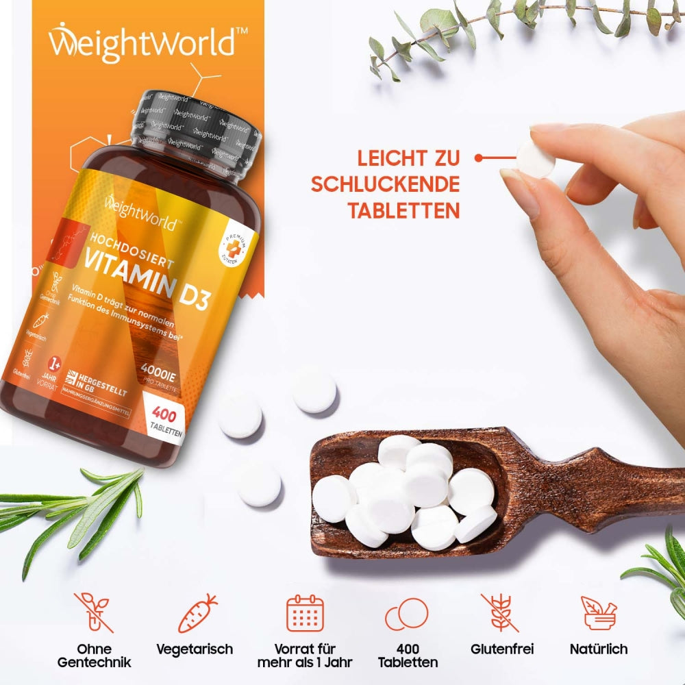 WeightWorld | Vitamin D3 4000 IE - Stärkt Knochen, Zähne und Immunsystem - 400 Tabletten