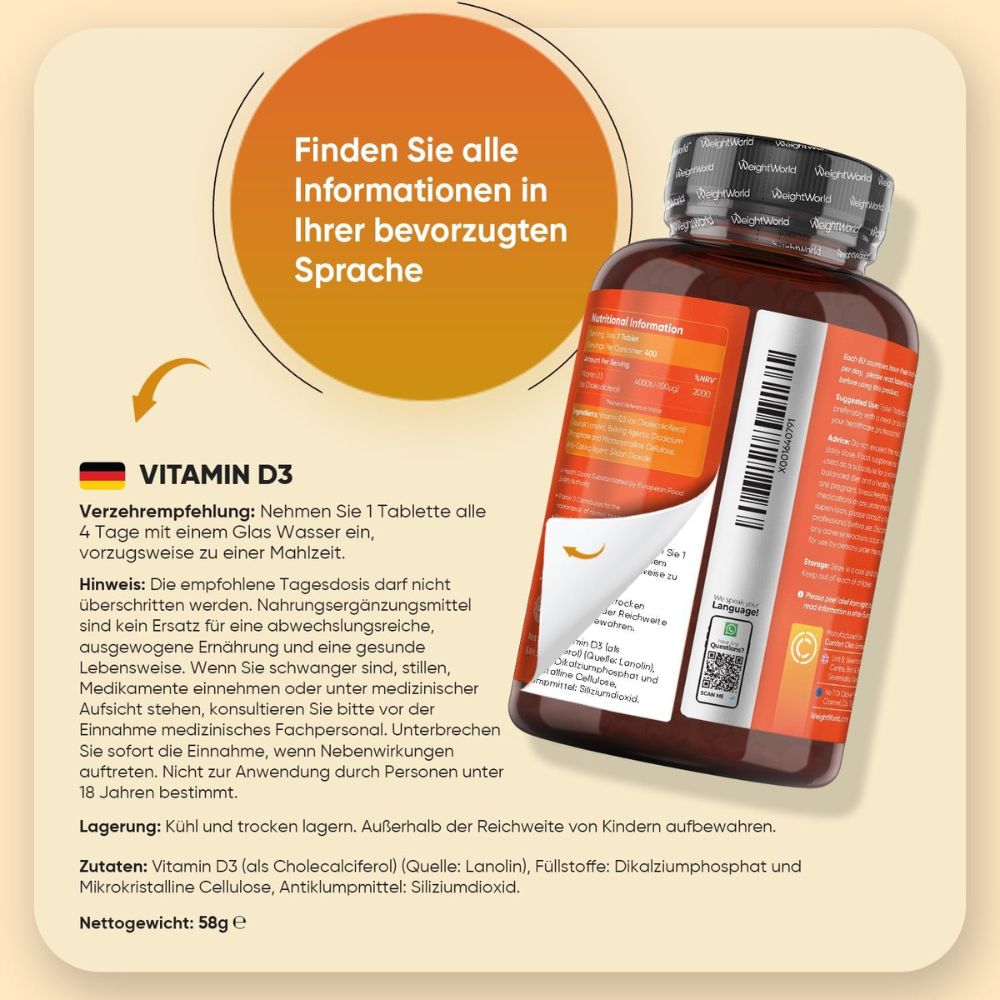WeightWorld | Vitamin D3 4000 IE - Stärkt Knochen, Zähne und Immunsystem - 400 Tabletten