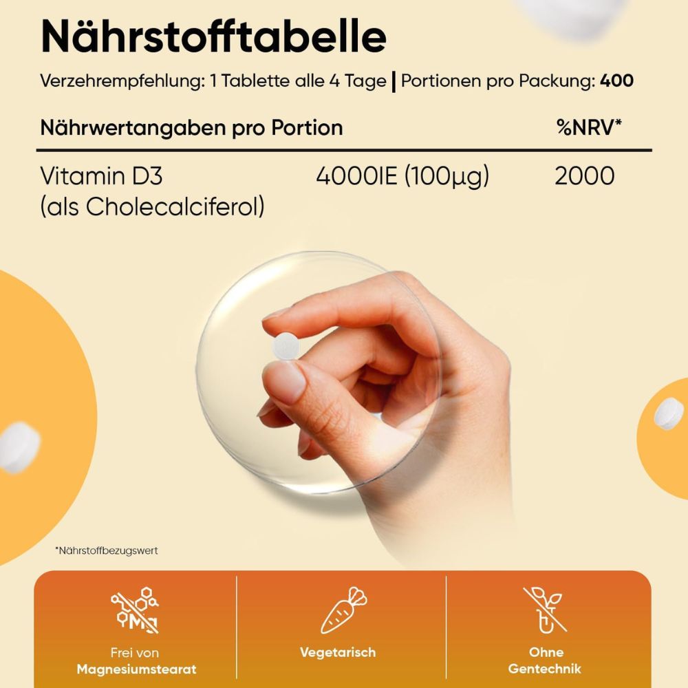 WeightWorld | Vitamin D3 4000 IE - Stärkt Knochen, Zähne und Immunsystem - 400 Tabletten