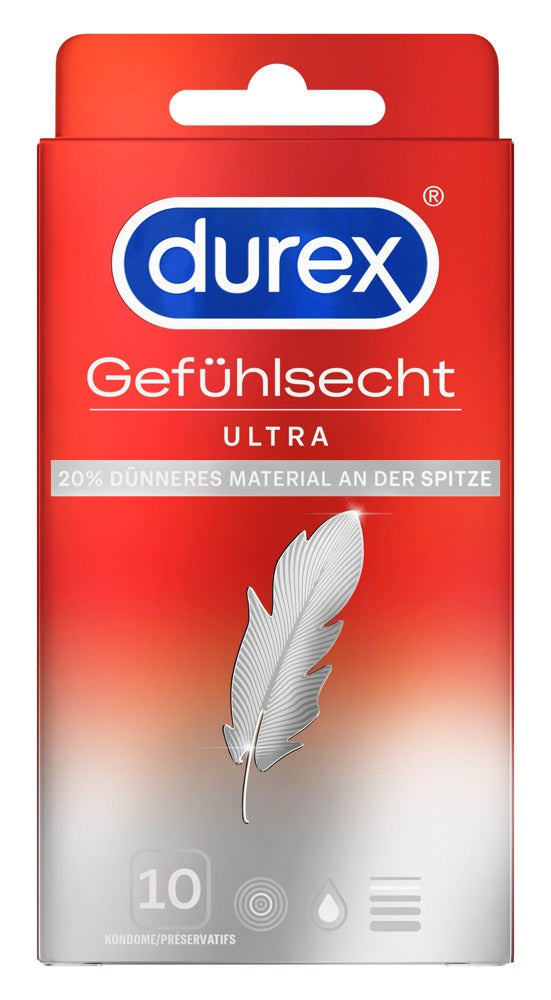 Kondome „Gefühlsecht Ultra“ I 20% dünner an der Spitze I transparent I Durex I 10 Stück
