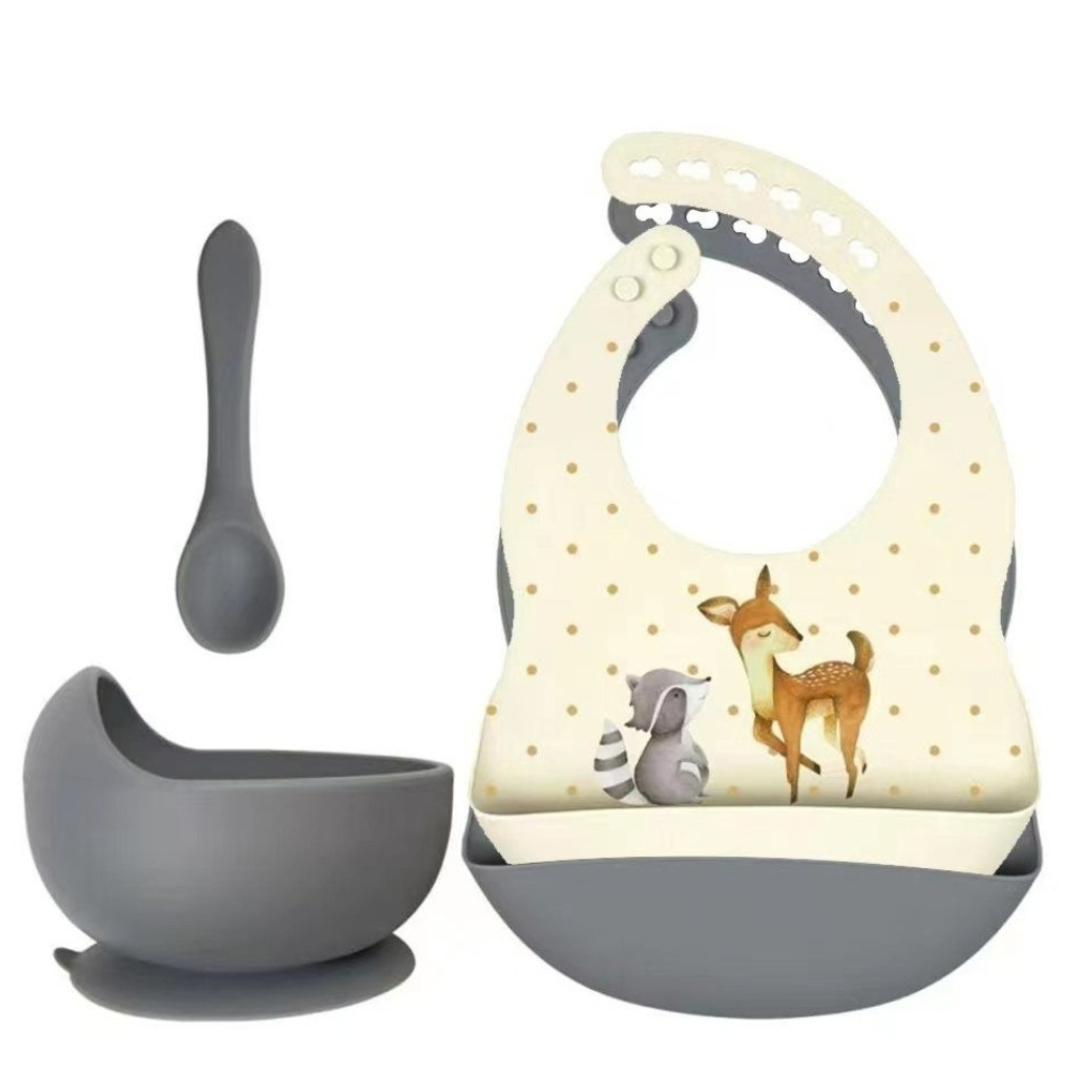Set aus Silikon-Lätzchen + Schüssel mit Saugnapf und Löffel | Rammelaartje | l Deer & Raccoon Grey