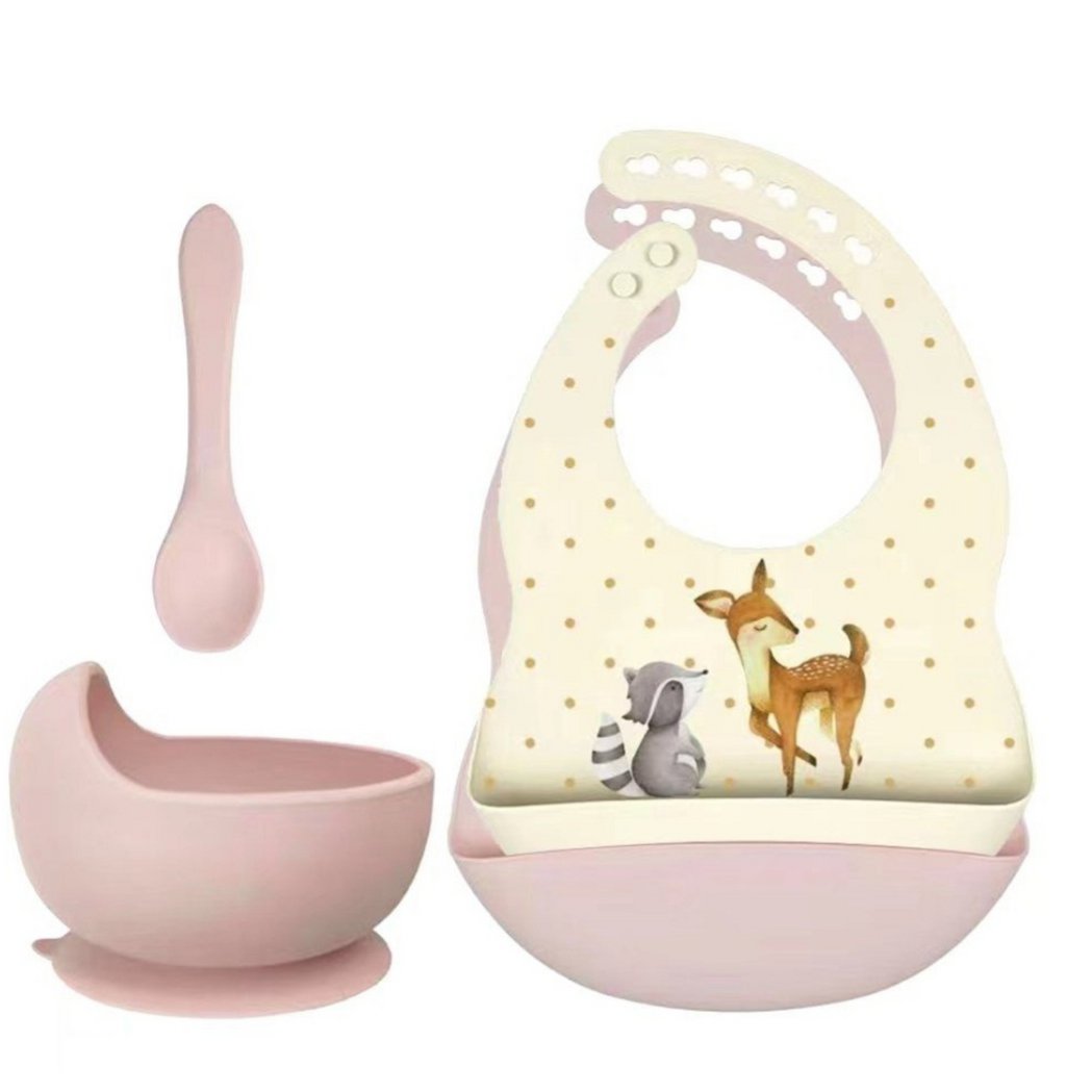 Set aus Silikon-Lätzchen + Schüssel mit Saugnapf und Löffel | Rammelaartje | l Deer & Raccoon Pink