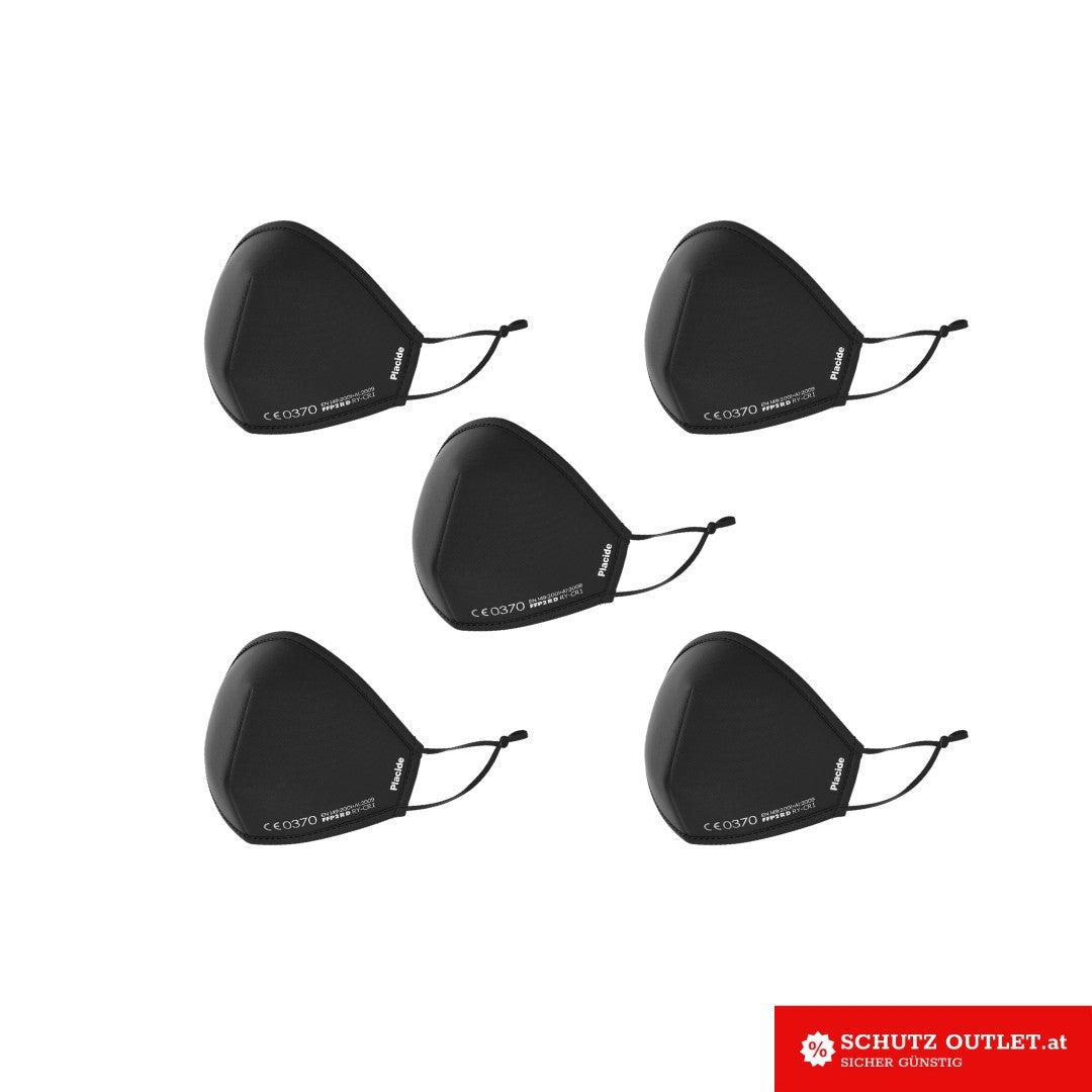 waschbare Nano Kinder Maske in der Farbe schwarz. Verstellbare Ohrenbänder, Individuell anpassbar. 5x Einzeln verpackte waschbare Nano Kinder FFP2.