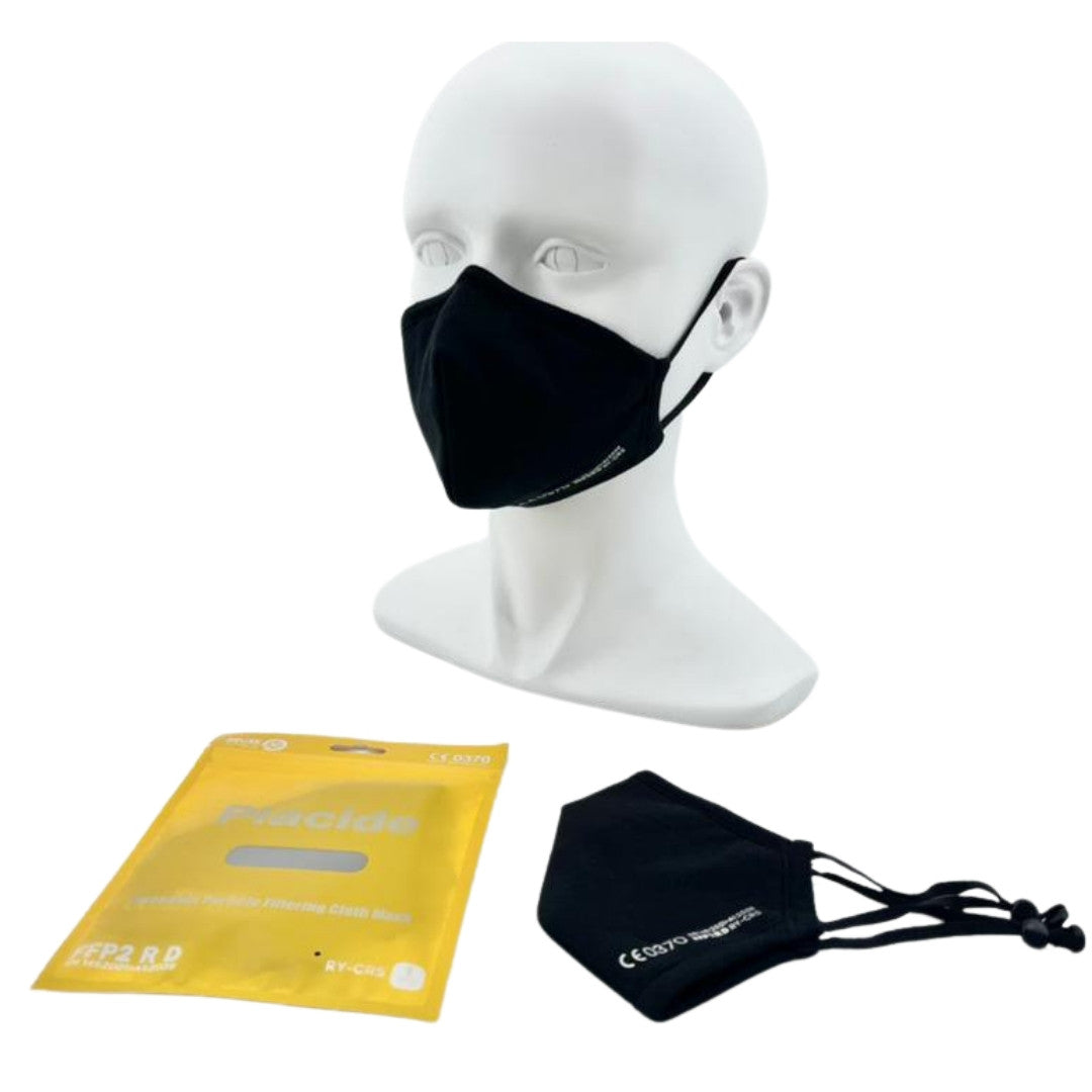 waschbare Nano Kinder Maske in der Farbe schwarz. Verstellbare Ohrenbänder, Individuell anpassbar. Einzeln verpackte waschbare Nano Kinder FFP2.