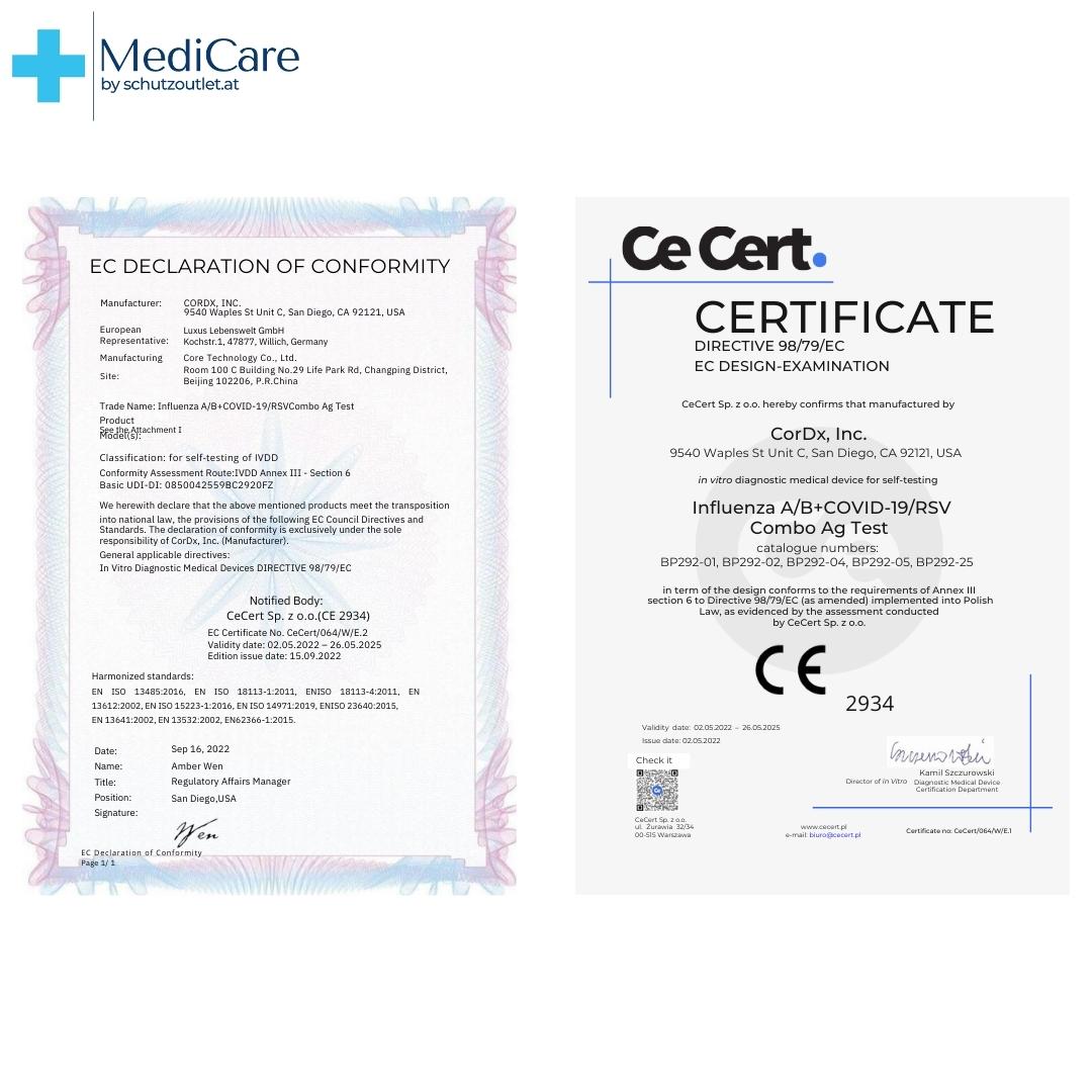 CorDx Combo-Selbsttest 4in1 SARS-CoV-2, Influenza A/B & RSV (7/26)